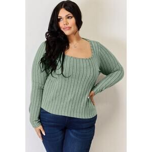 BASIC BAE Light Green Ribbed Scoop Neck Long Sleeve Casual Top NEW